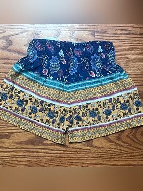 Girls' Floral Tiered Smocked Shorts - Blue and Mustard